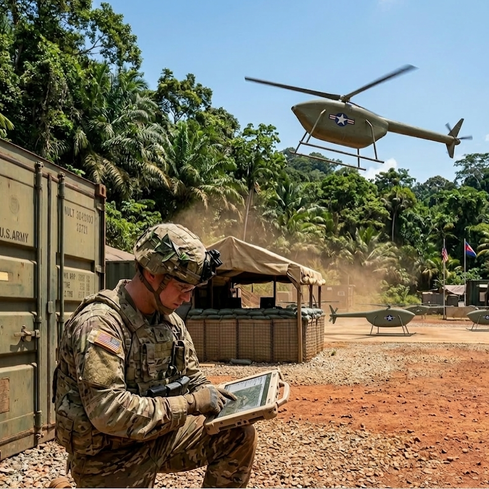 Soldier operating an autonomous VTOL aircraft at a forward jungle outpost