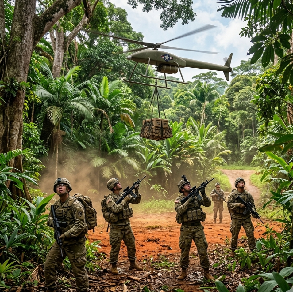 Autonomous VTOL aircraft carrying cargo through dense jungle terrain
